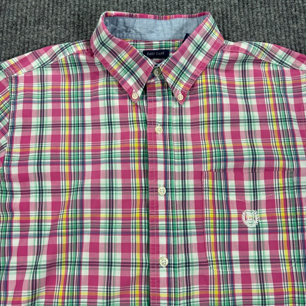Chaps Button Down Shirt Mens Large Pink Plaid Short Sleeve Easy Care Cotton Mix
